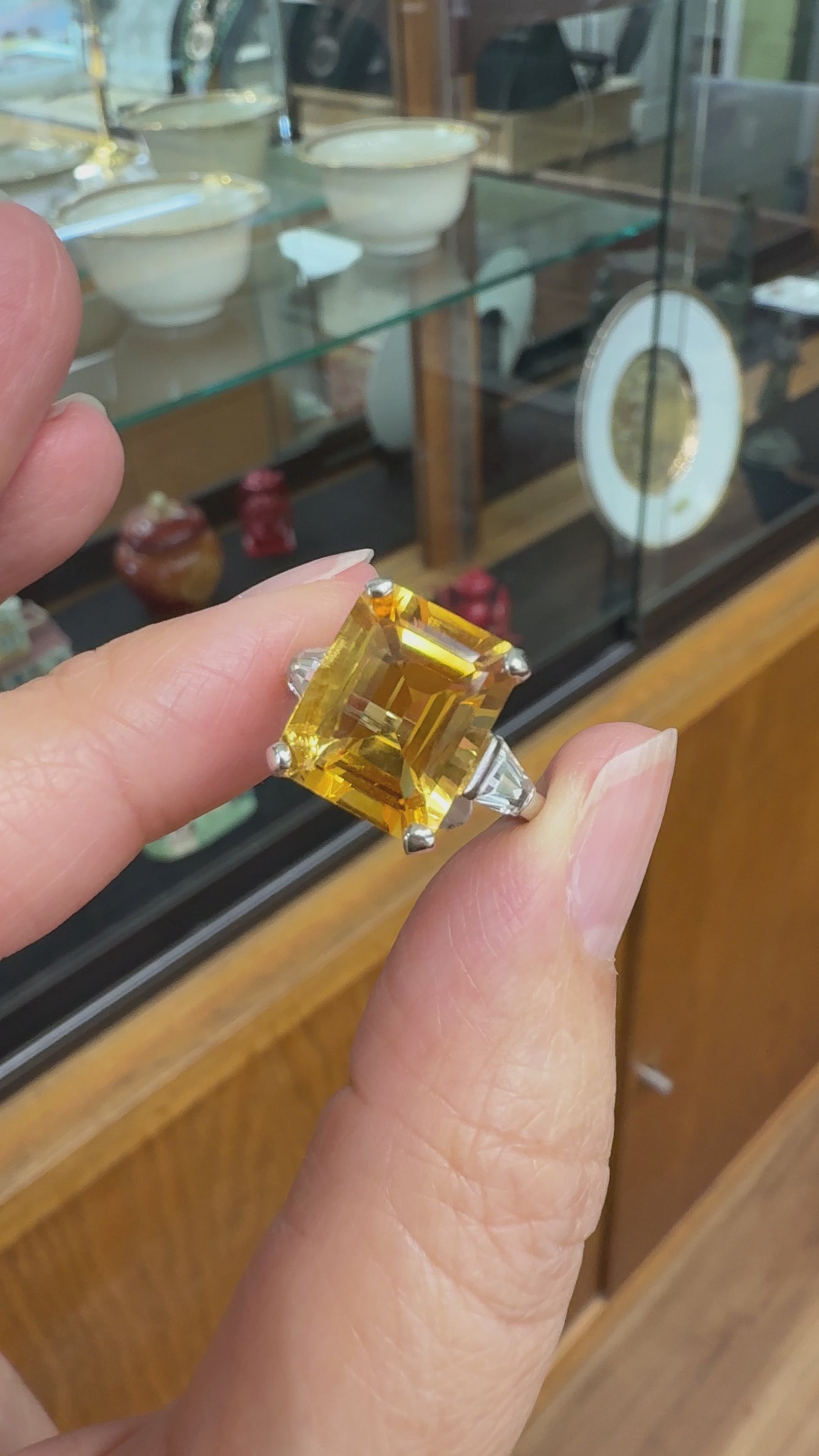 Emerald Cut Citrine and CZ Ring 14k White Gold