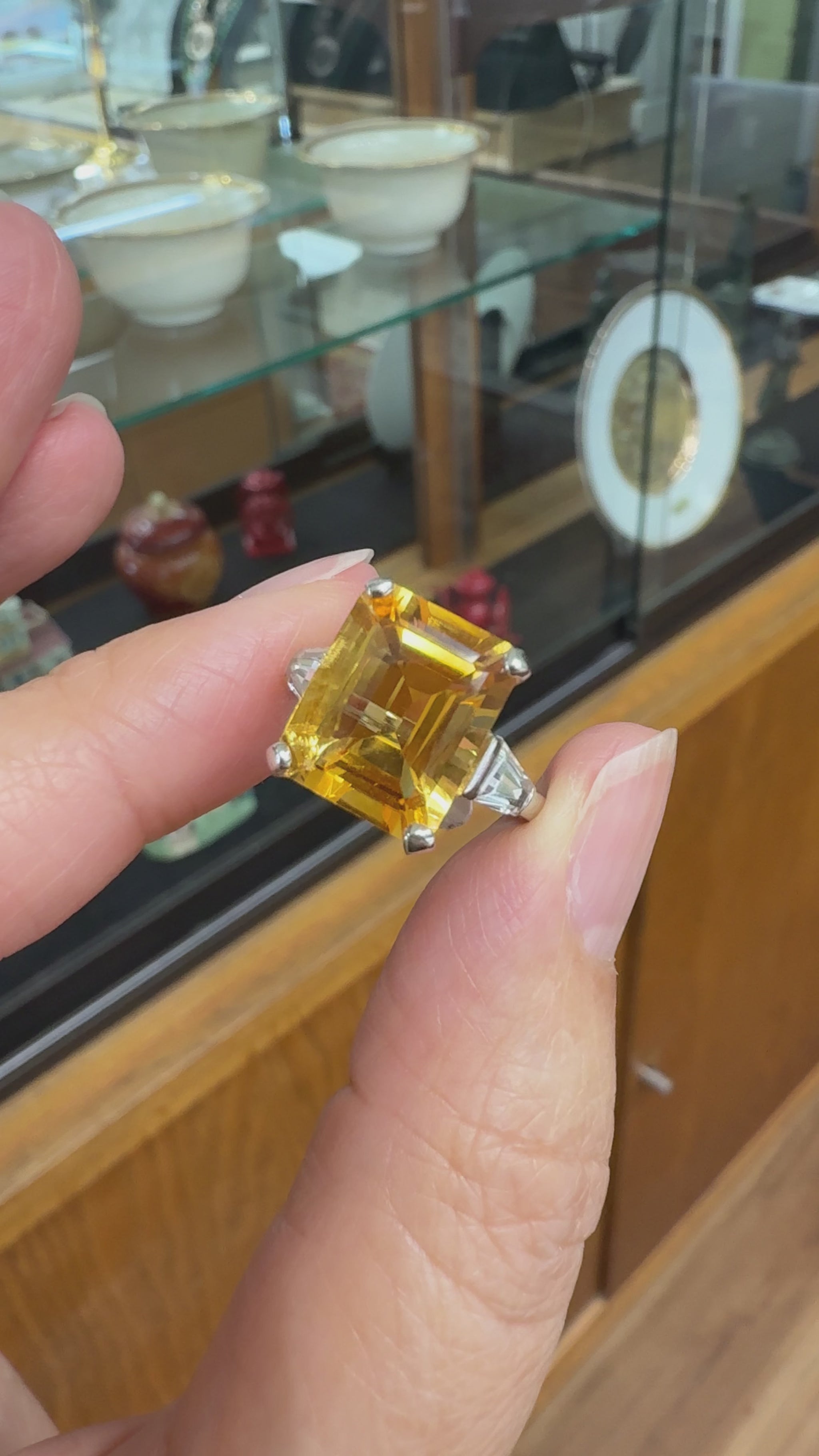 Emerald Cut Citrine and CZ Ring 14k White Gold