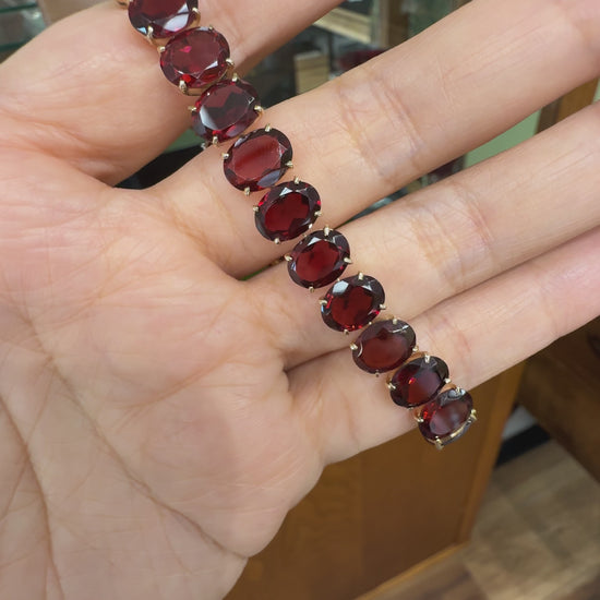 Vintage 1950's Oval Garnet Tennis Bracelet 12k Yellow Gold
