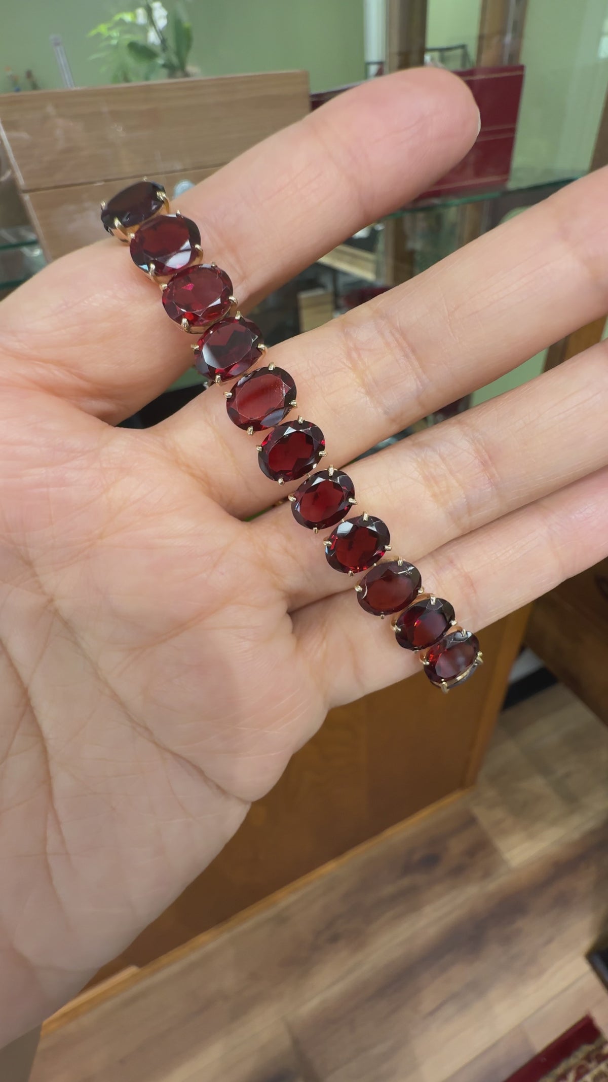Vintage 1950's Oval Garnet Tennis Bracelet 12k Yellow Gold