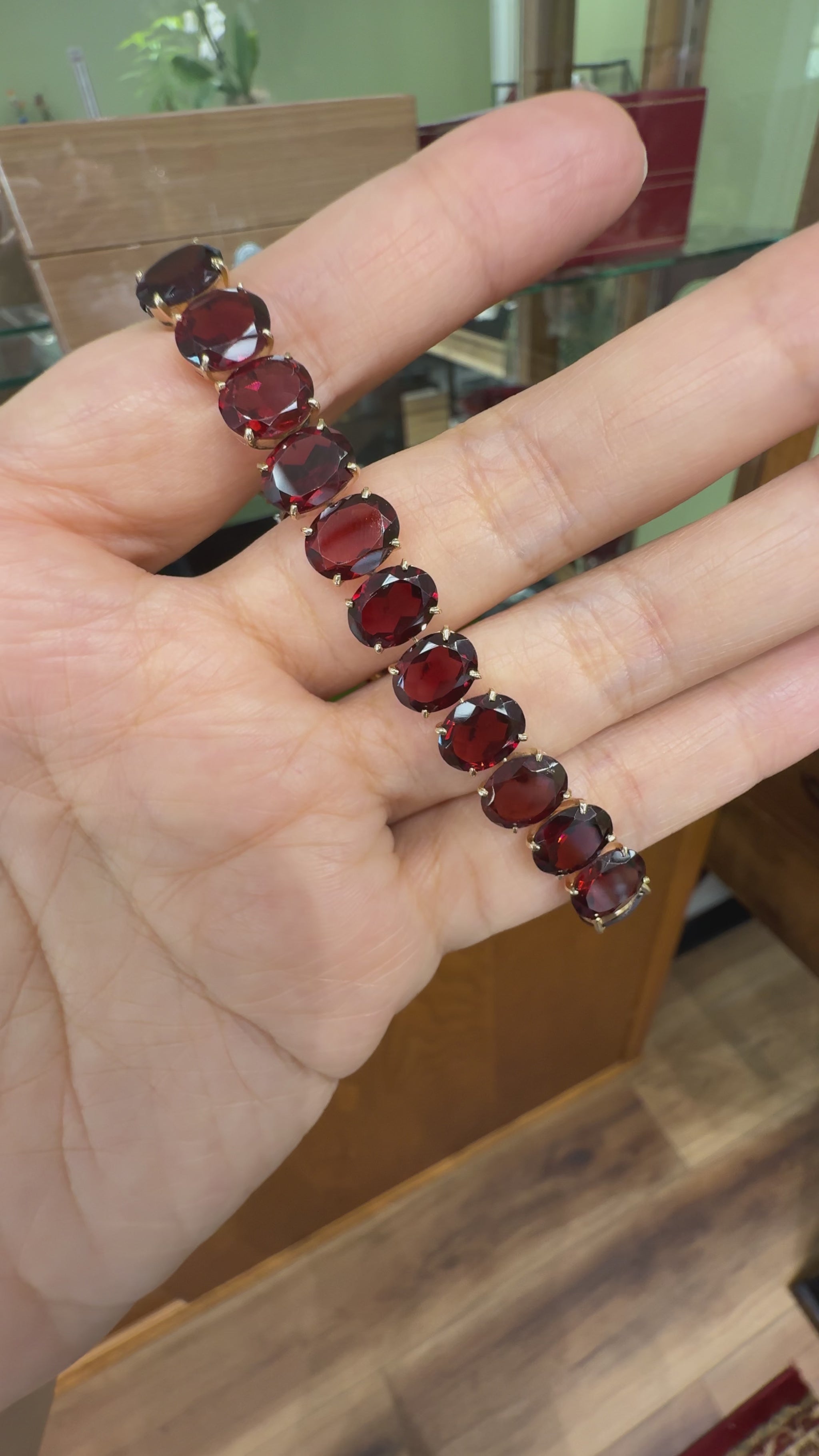 Vintage 1950's Oval Garnet Tennis Bracelet 12k Yellow Gold