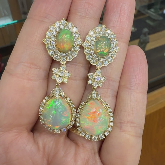 Estate Opal and Diamond Dangle Statement Earrings 14k Yellow Gold