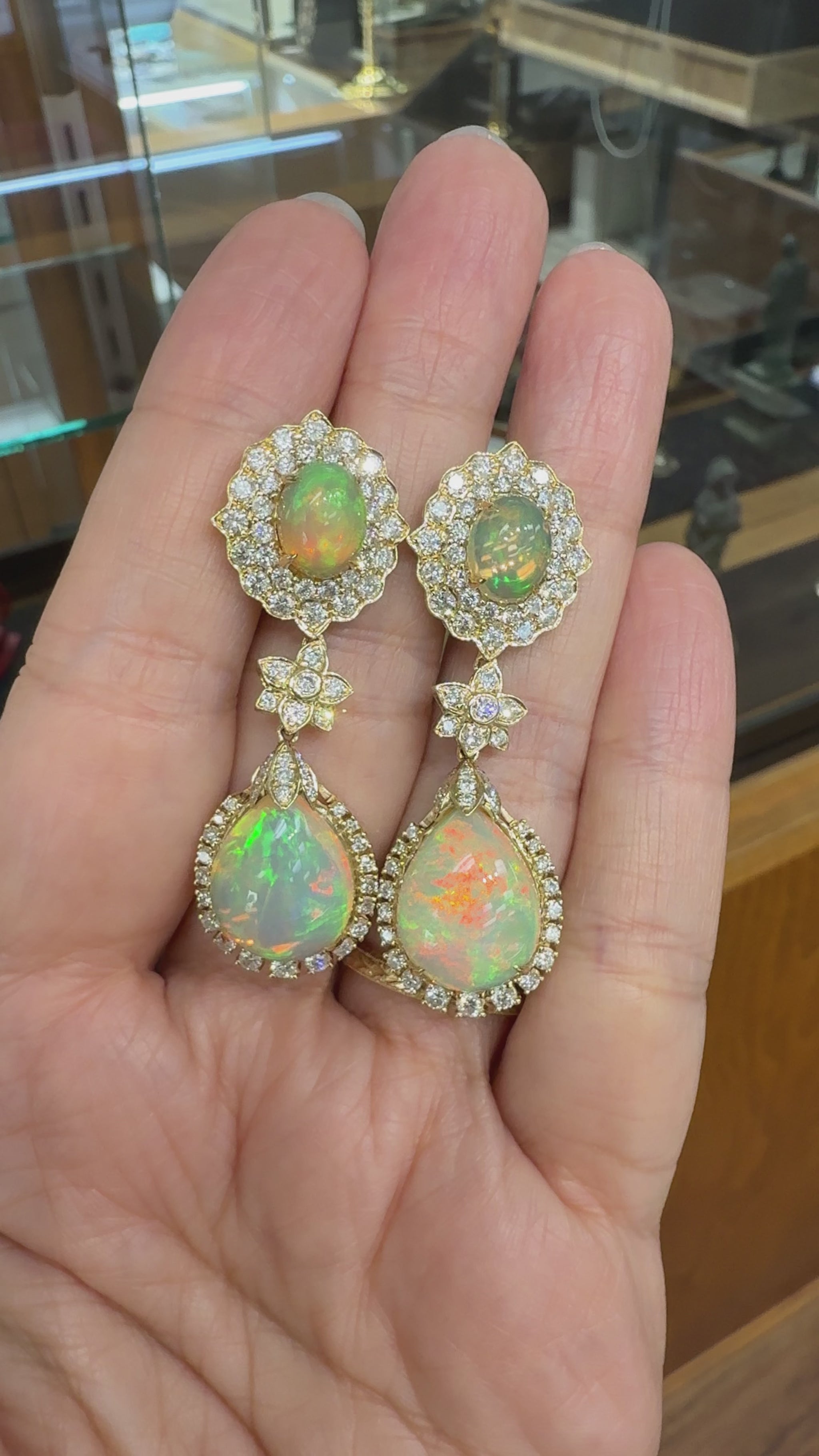 Estate Opal and Diamond Dangle Statement Earrings 14k Yellow Gold