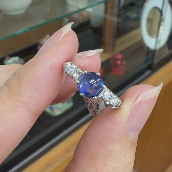 Platinum Diamond and Sapphire Cabochon Mid Century Ring