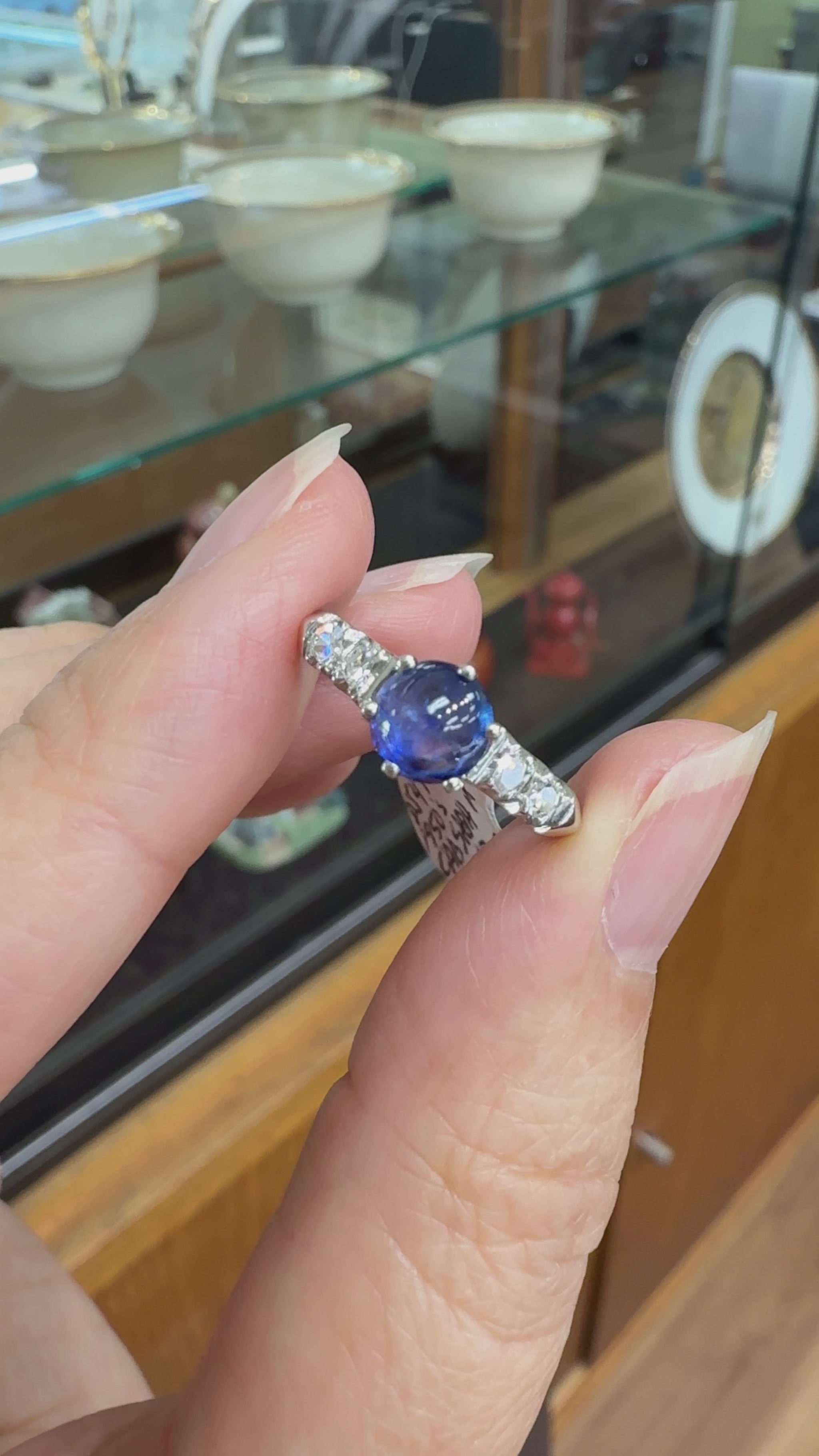 Platinum Diamond and Sapphire Cabochon Mid Century Ring