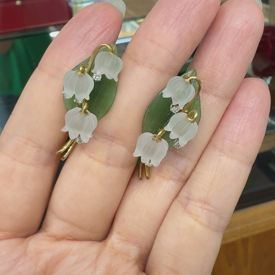 1960's Jul. Hugler Lily of the Valley Jade & Rock Crystal Diamond Earrings 18k