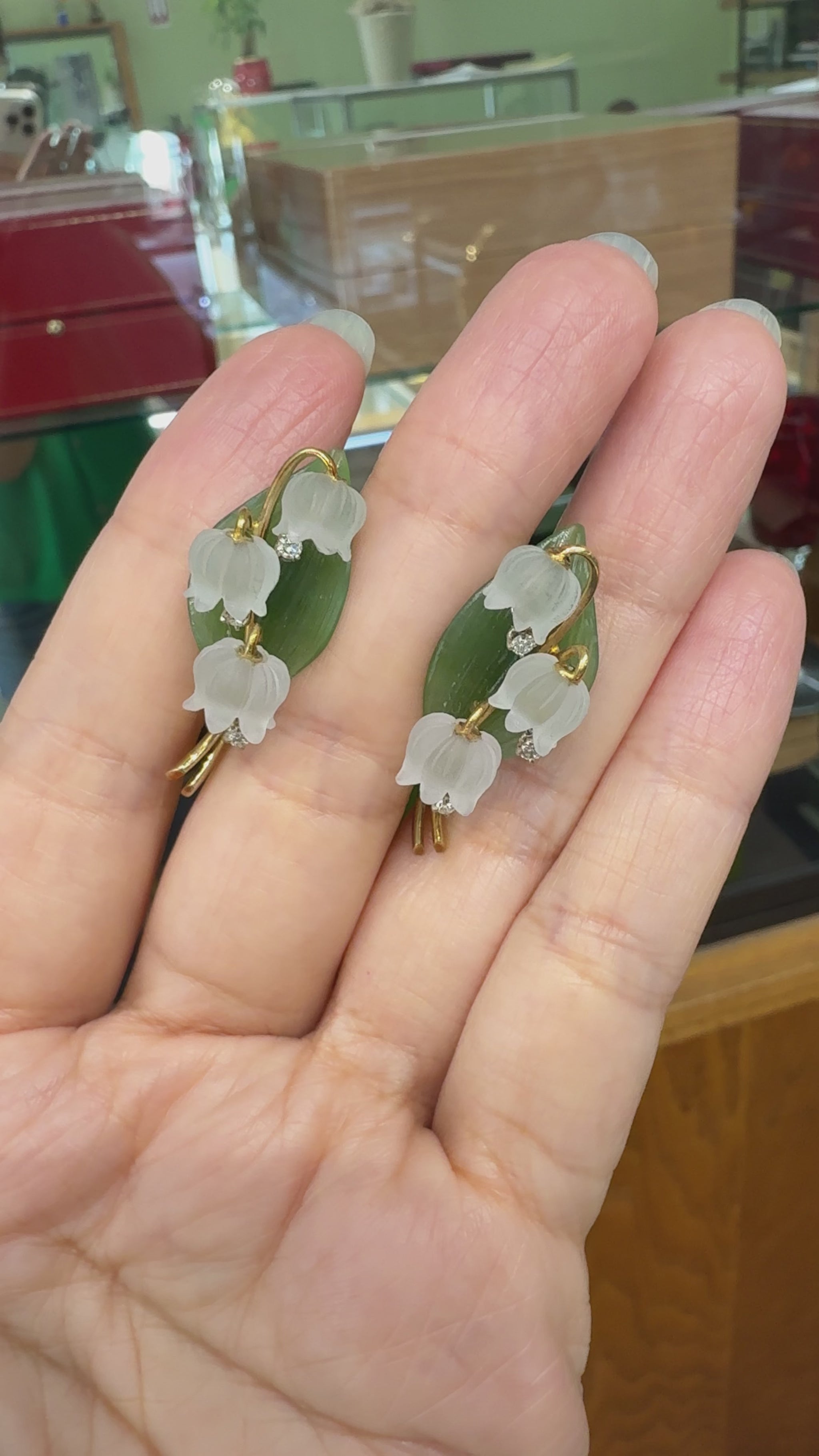 1960's Jul. Hugler Lily of the Valley Jade & Rock Crystal Diamond Earrings 18k