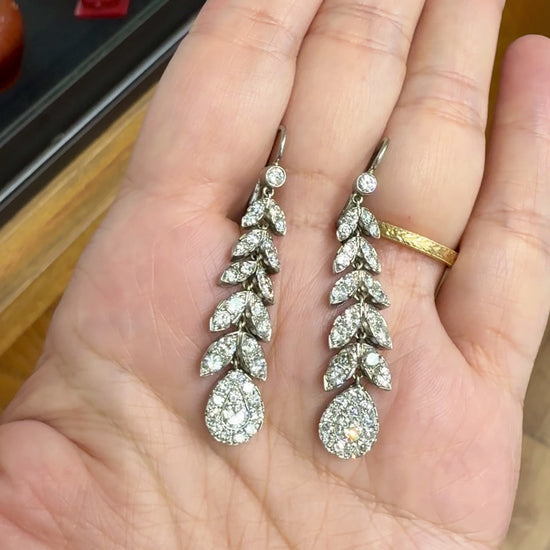 1950's Diamond Leaf Drop Dangle Earrings 18k/Platinum