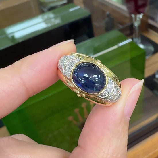 Unheated Star Sapphire Cabochon and Diamond Ring 18k