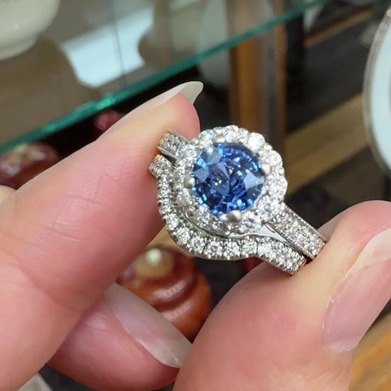 Ceylon Sapphire and Diamond Bridal Set Rings 14k White Gold