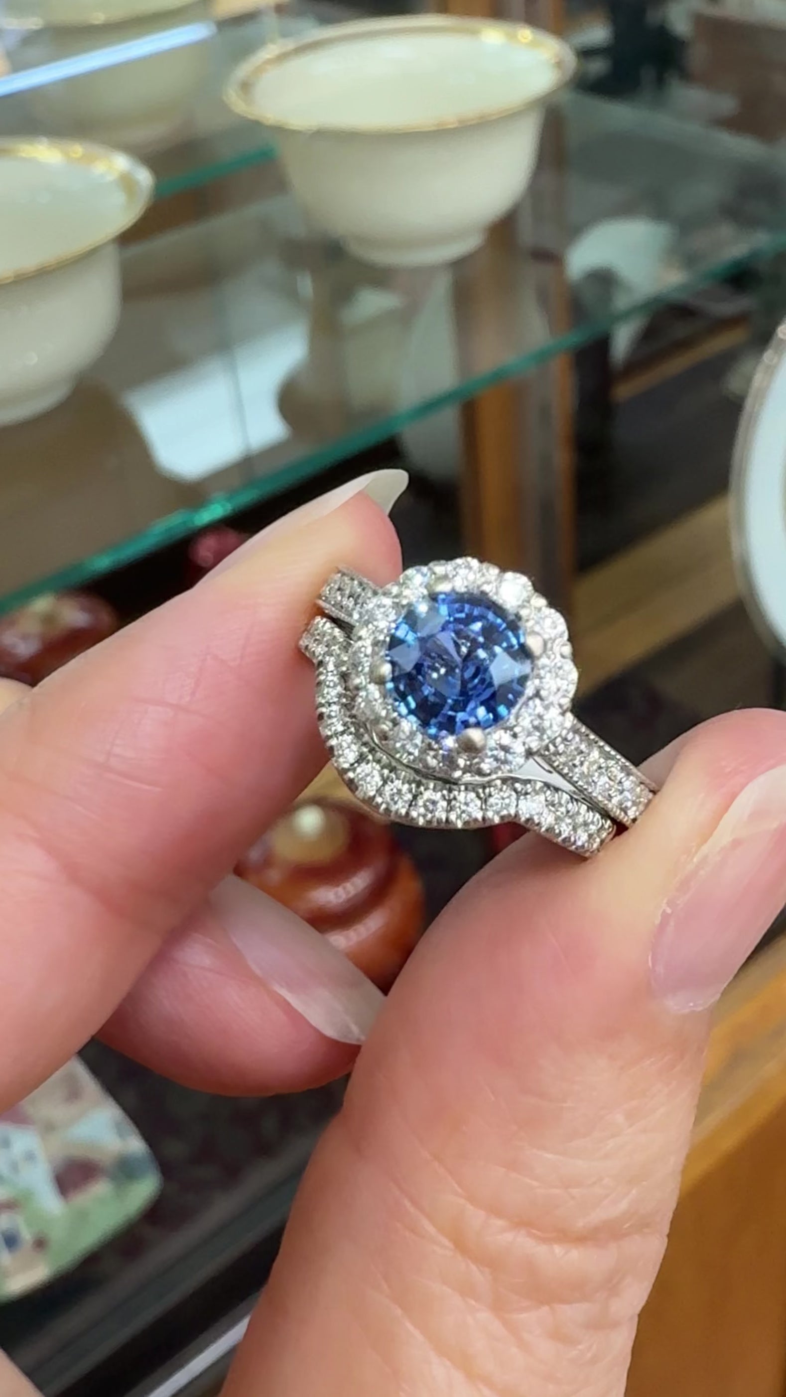 Ceylon Sapphire and Diamond Bridal Set Rings 14k White Gold