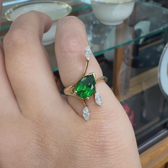 Vintage Tsavorite and Marquise Diamond Ring 14k Yellow Gold