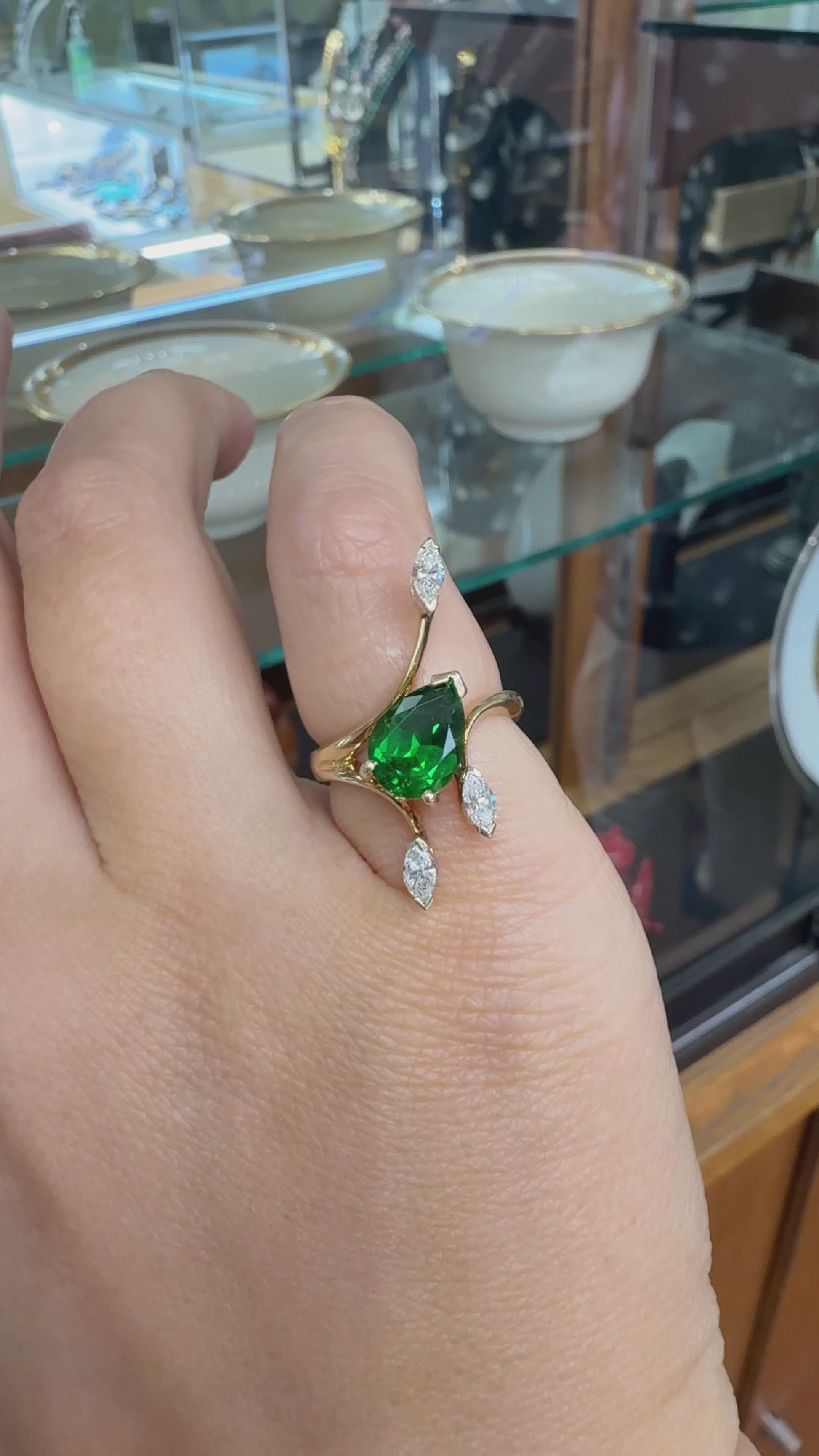 Vintage Tsavorite and Marquise Diamond Ring 14k Yellow Gold