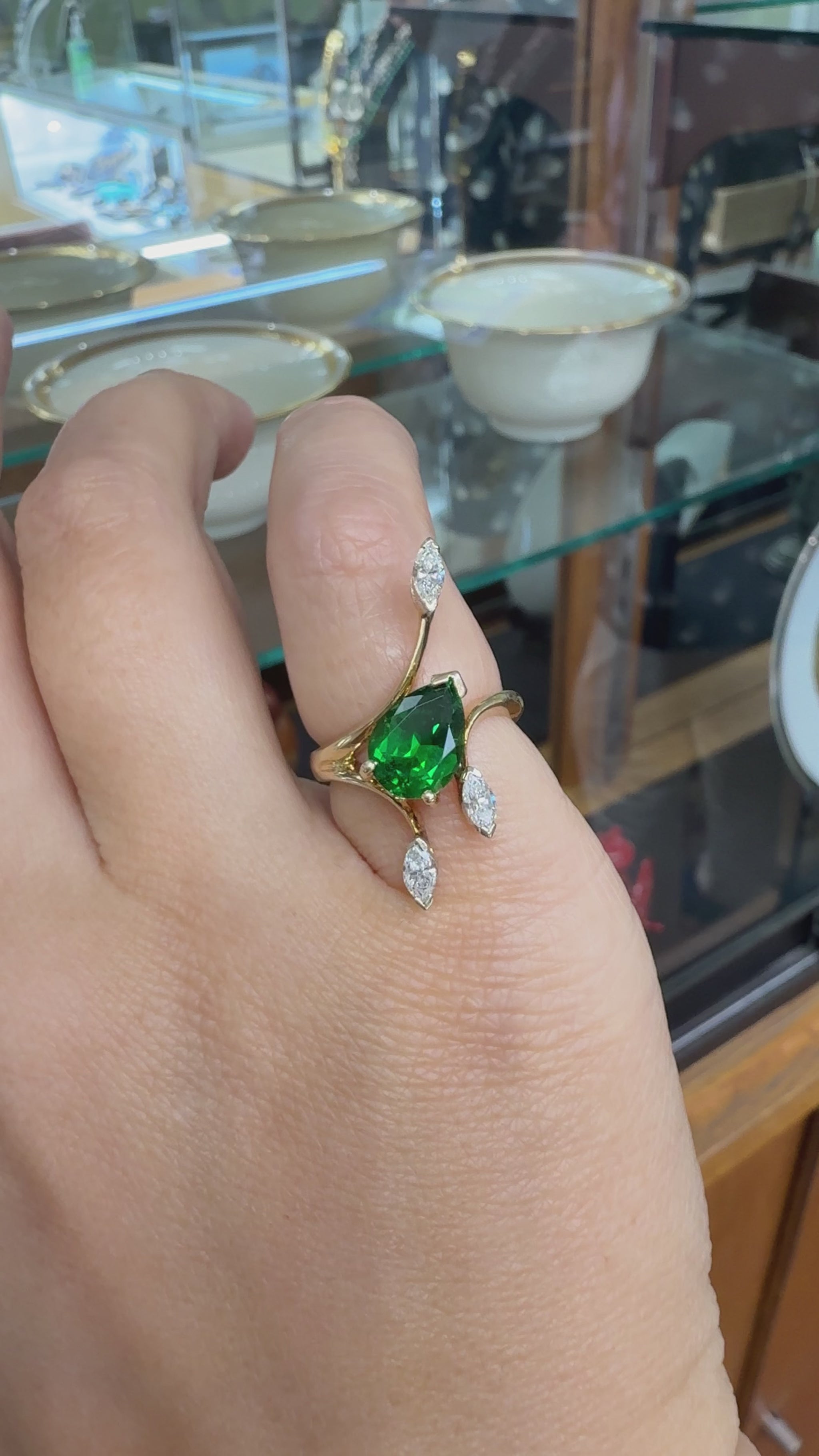 Vintage Tsavorite and Marquise Diamond Ring 14k Yellow Gold
