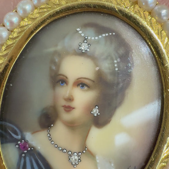 Italian Corletto Miniature Portrait Pearl Halo Pendant Brooch 18k Yellow Gold