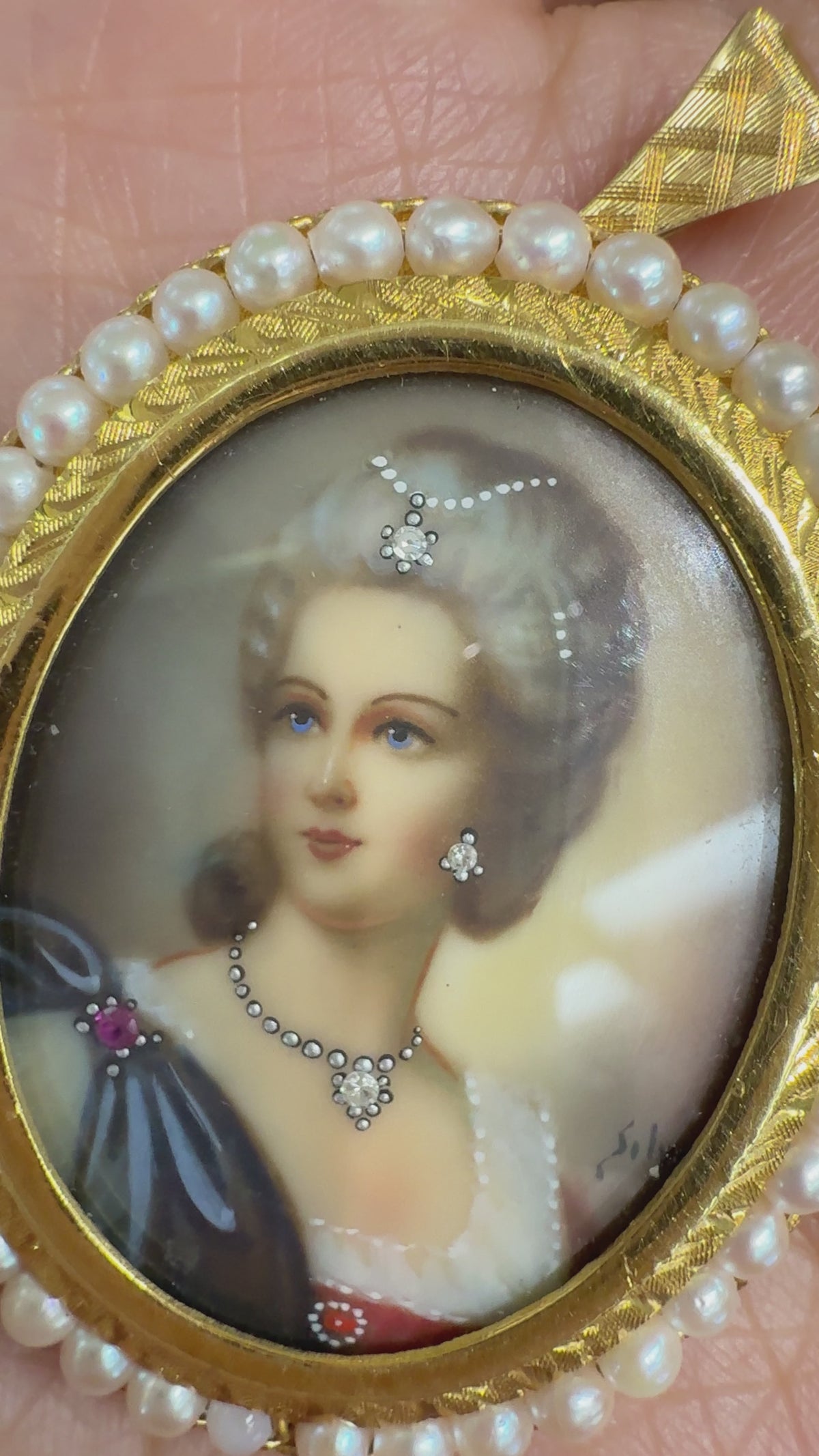 Italian Corletto Miniature Portrait Pearl Halo Pendant Brooch 18k Yellow Gold