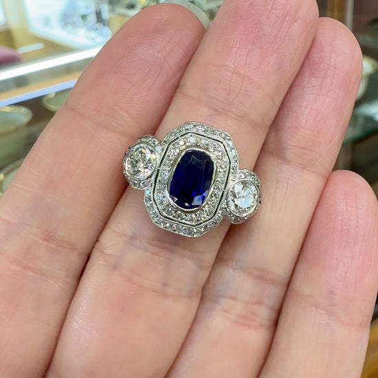 1910 Edwardian Platinum Sapphire Diamond Ring GIA