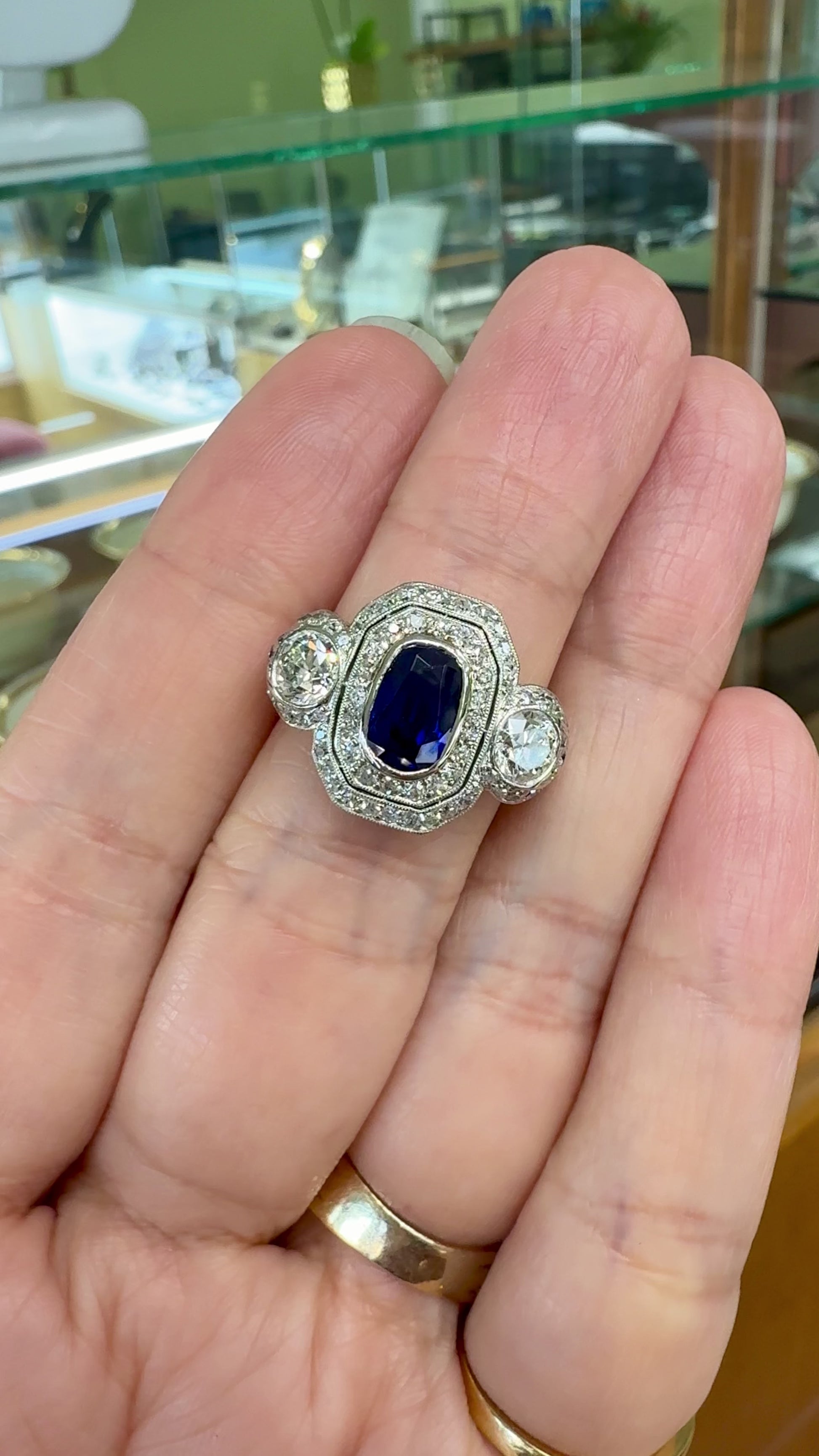 1910 Edwardian Platinum Sapphire Diamond Ring GIA