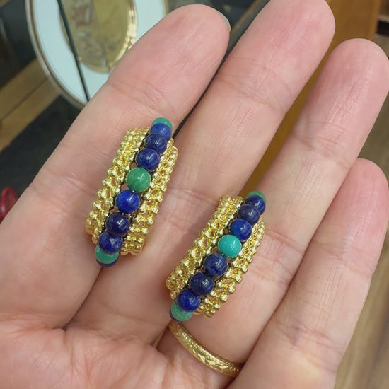 Vintage Lapis and Chrysocolla Beaded Half Hoop Clip On Earrings 14k/18k