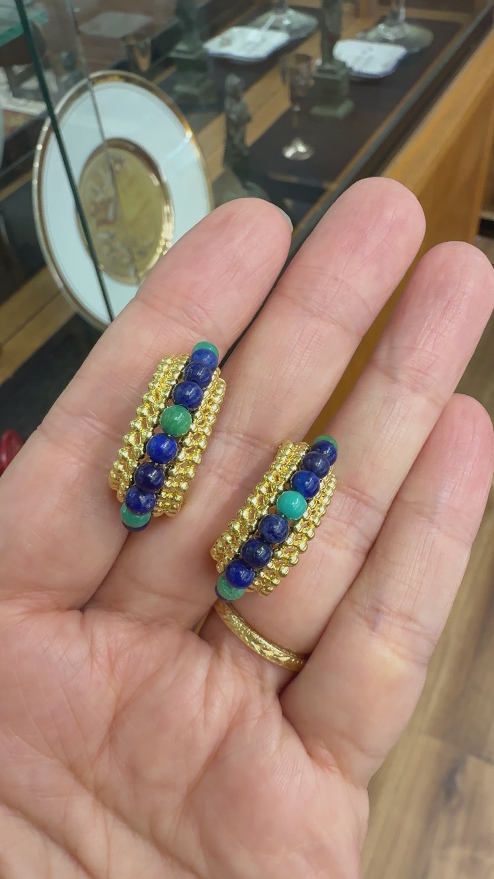 Vintage Lapis and Chrysocolla Beaded Half Hoop Clip On Earrings 14k/18k