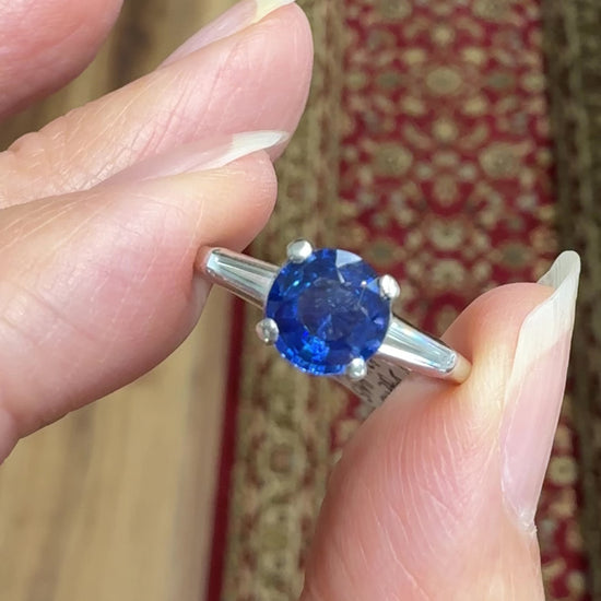 Vintage 1950's Sapphire and Tapered Baguette Diamond Ring Platinum
