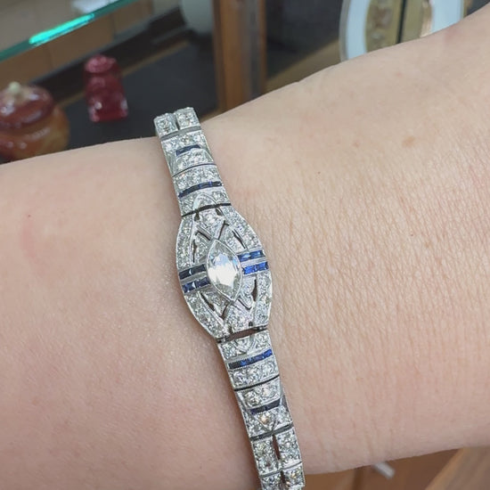 Antique 1925 Art Deco Sapphire and Old Cut Diamond Bracelet Platinum