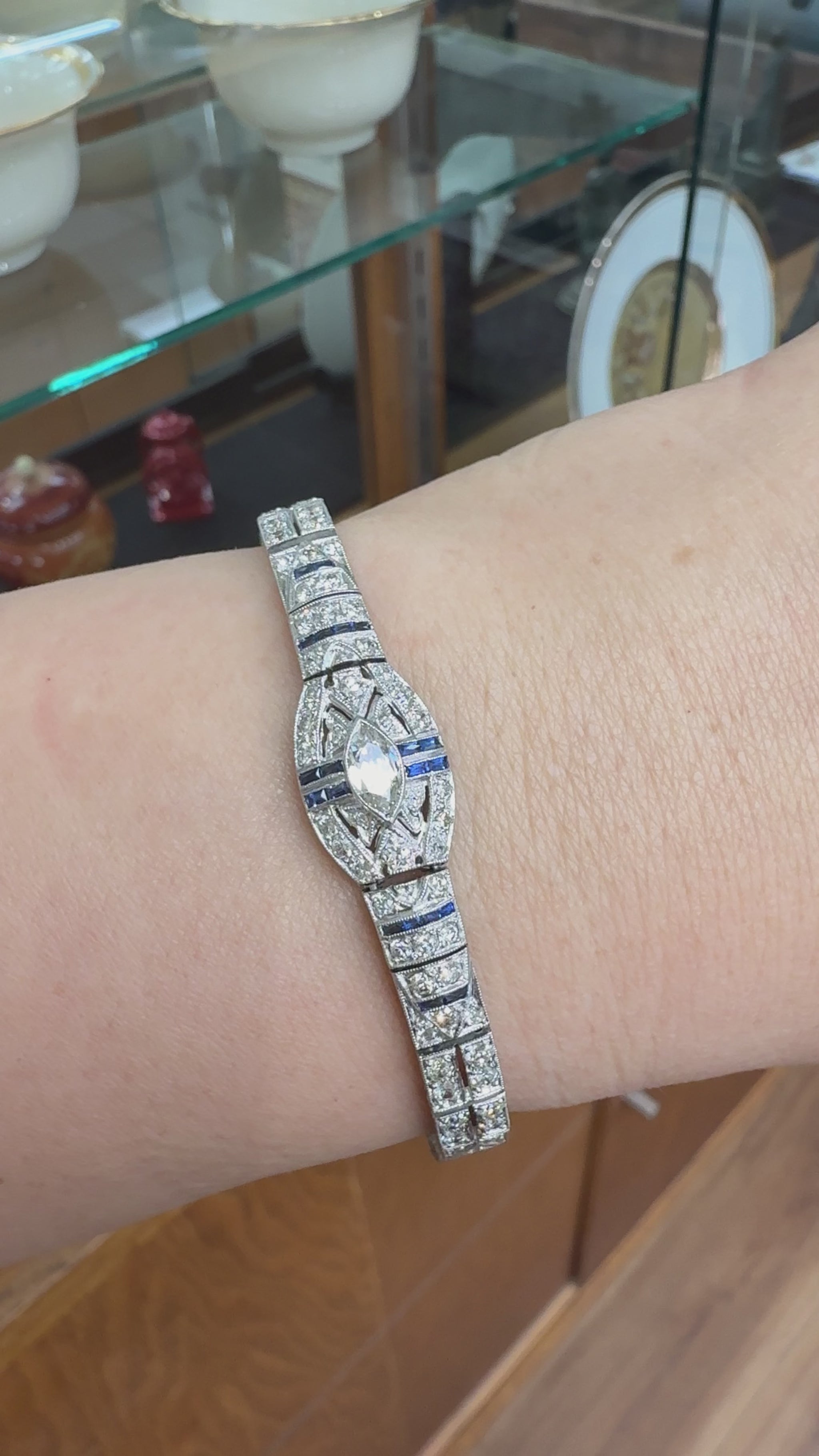 Antique 1925 Art Deco Sapphire and Old Cut Diamond Bracelet Platinum