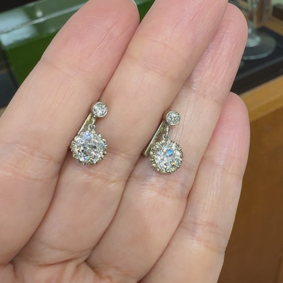 Antique 1920's Old Mine Cut Diamond Dangle Earrings 18k White Gold