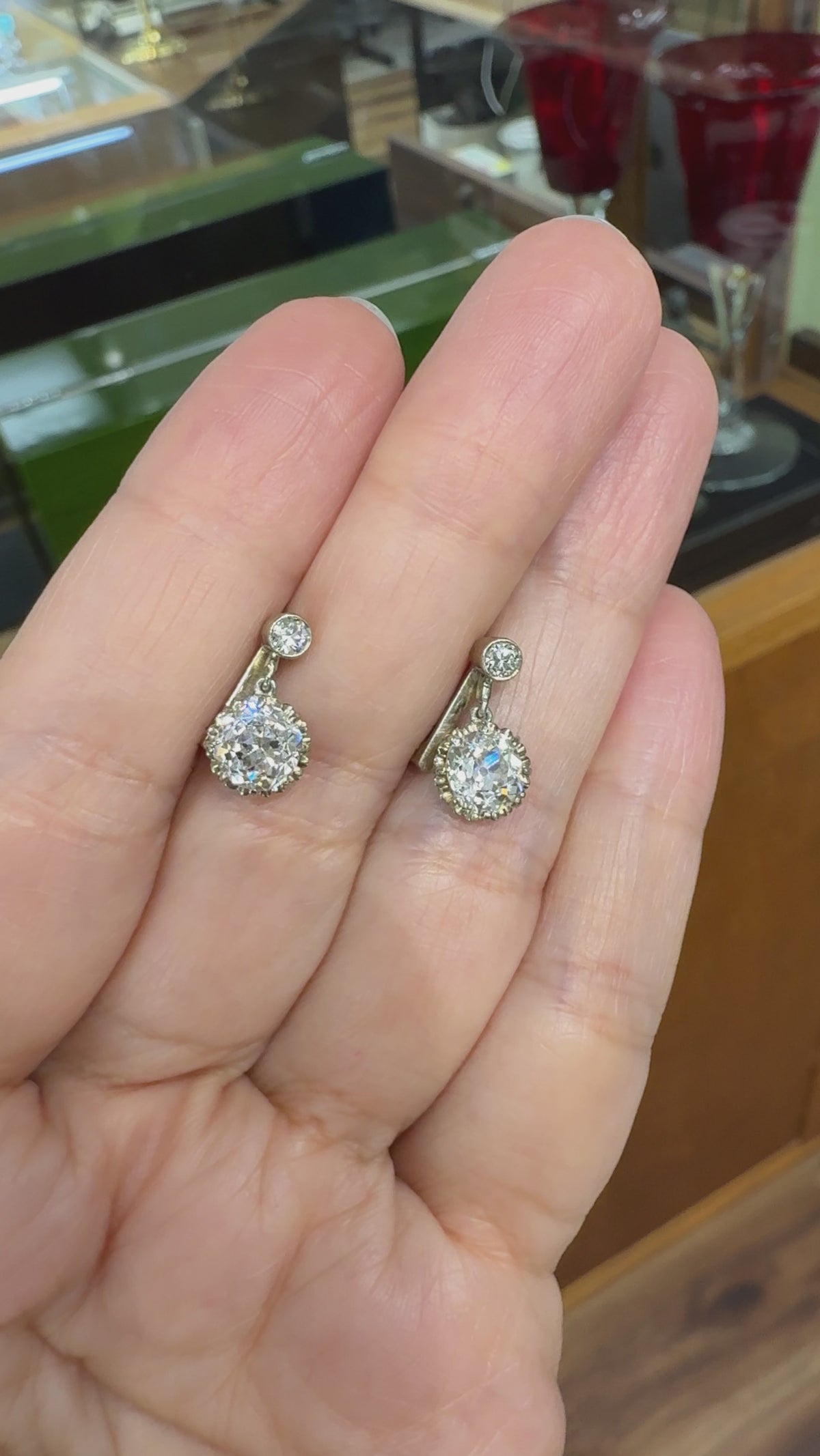 Antique 1920's Old Mine Cut Diamond Dangle Earrings 18k White Gold