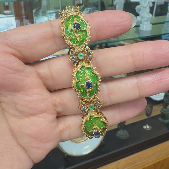 Vintage 1960's Enamel Sapphire and Emerald Bracelet 18k Yellow Gold
