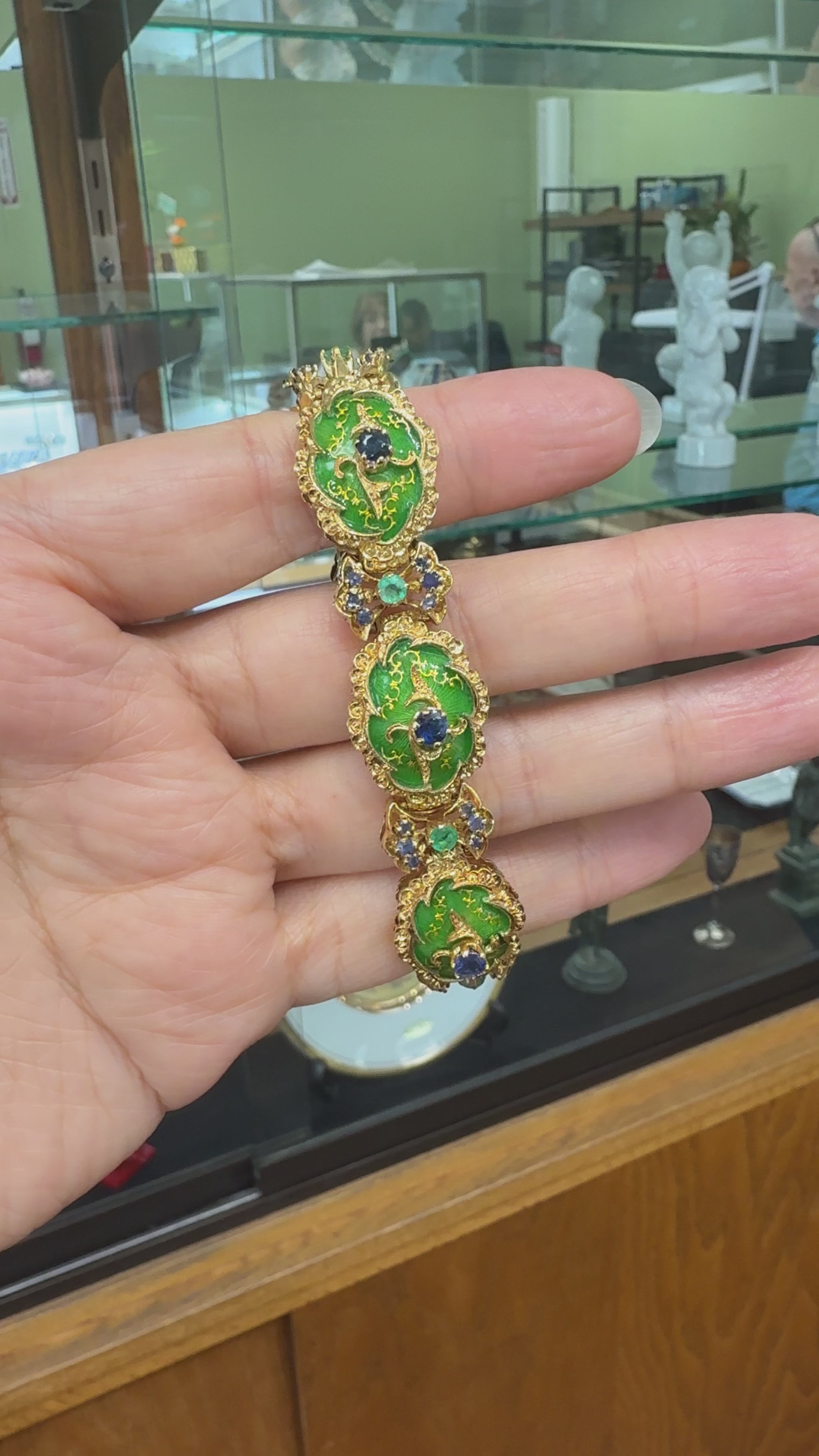 Vintage 1960's Enamel Sapphire and Emerald Bracelet 18k Yellow Gold
