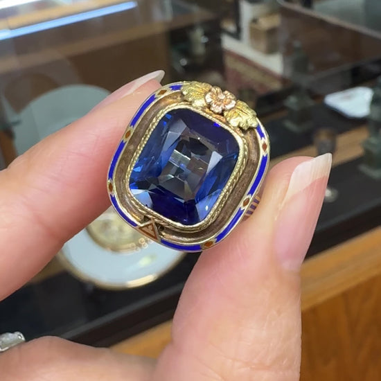 Vintage Art Deco Lab Grown Sapphire and Enamel Ring 14k Gold
