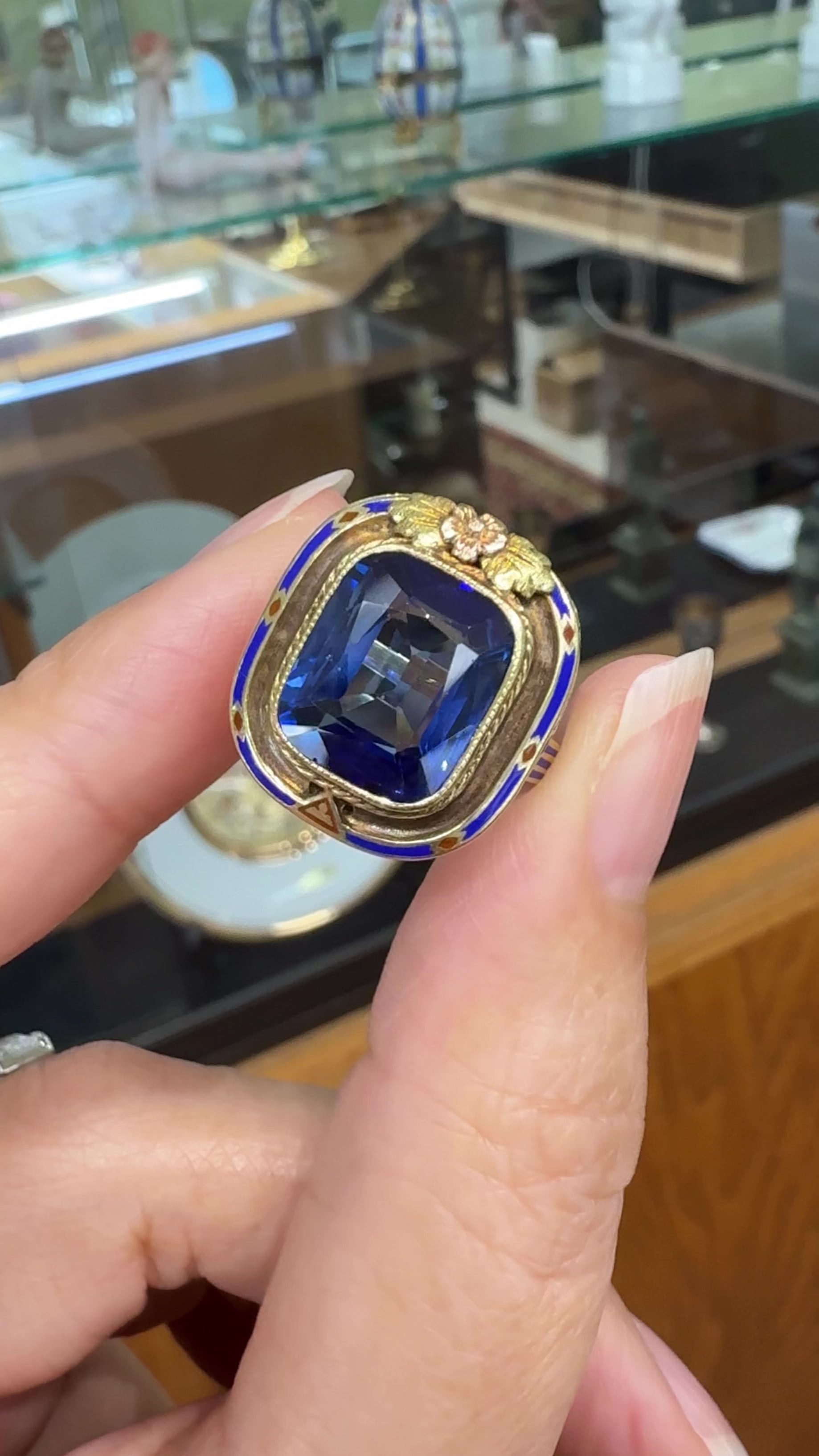 Vintage Art Deco Lab Grown Sapphire and Enamel Ring 14k Gold