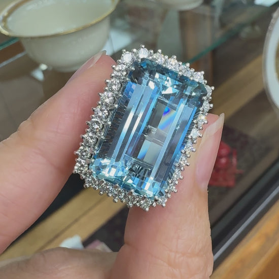 1960's Vintage 17.5 Carat Aquamarine and Diamond Statement Ring 18k White Gold