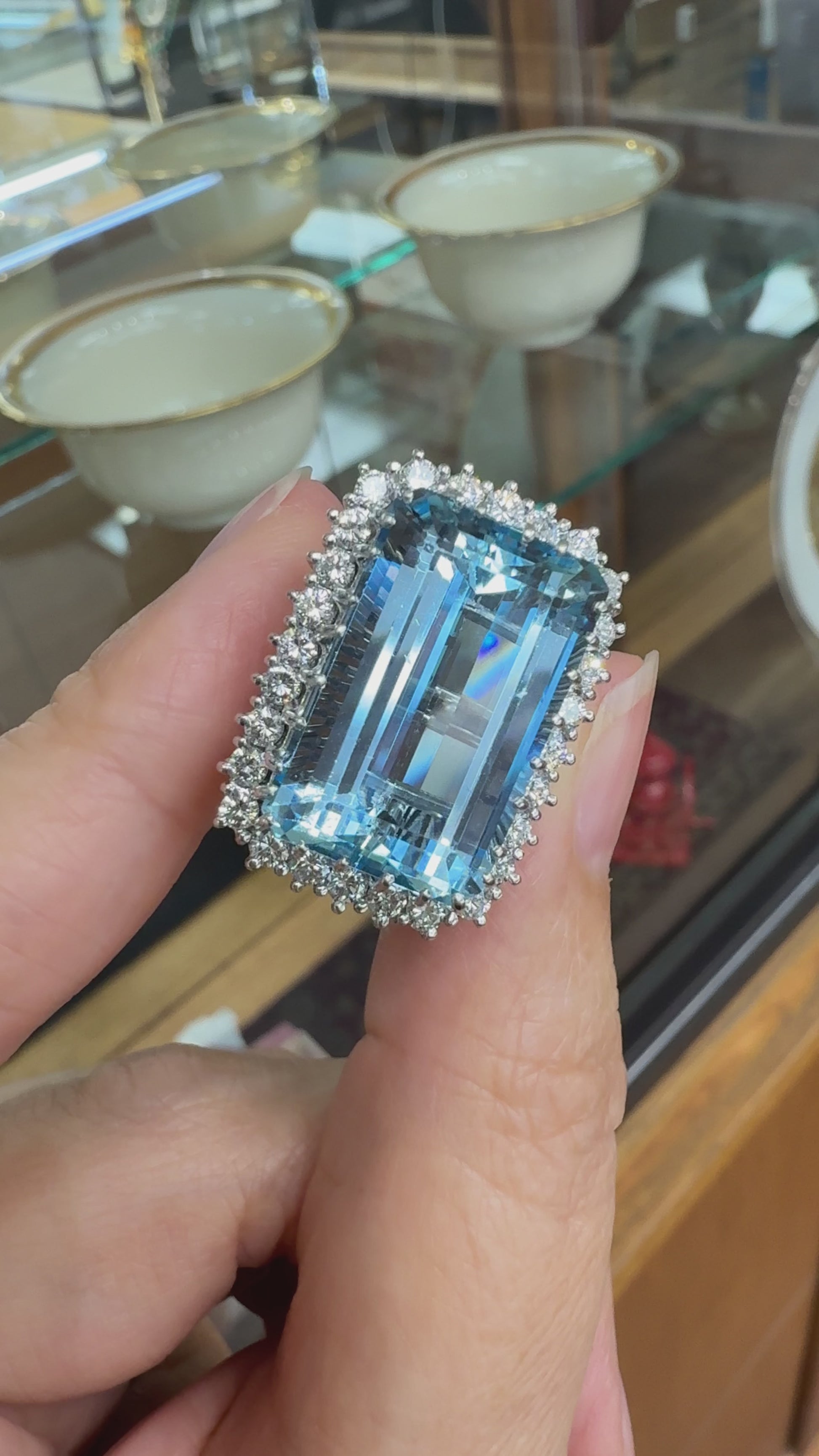 1960's Vintage 17.5 Carat Aquamarine and Diamond Statement Ring 18k White Gold