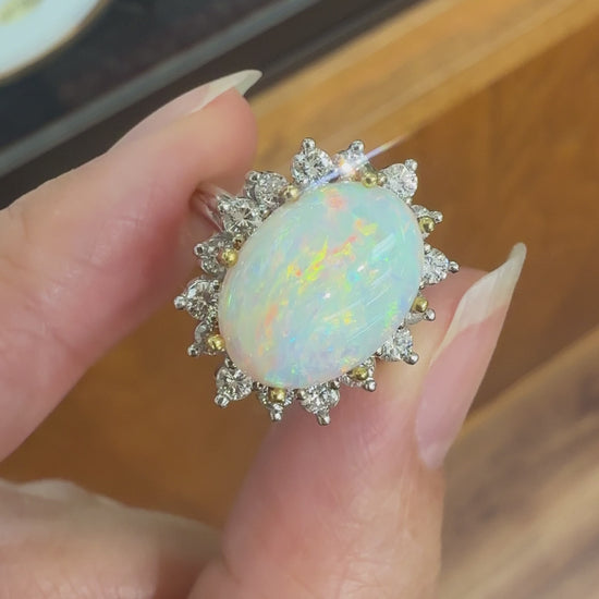 Vintage 1970's Opal and Diamond Halo Ring 14k Gold