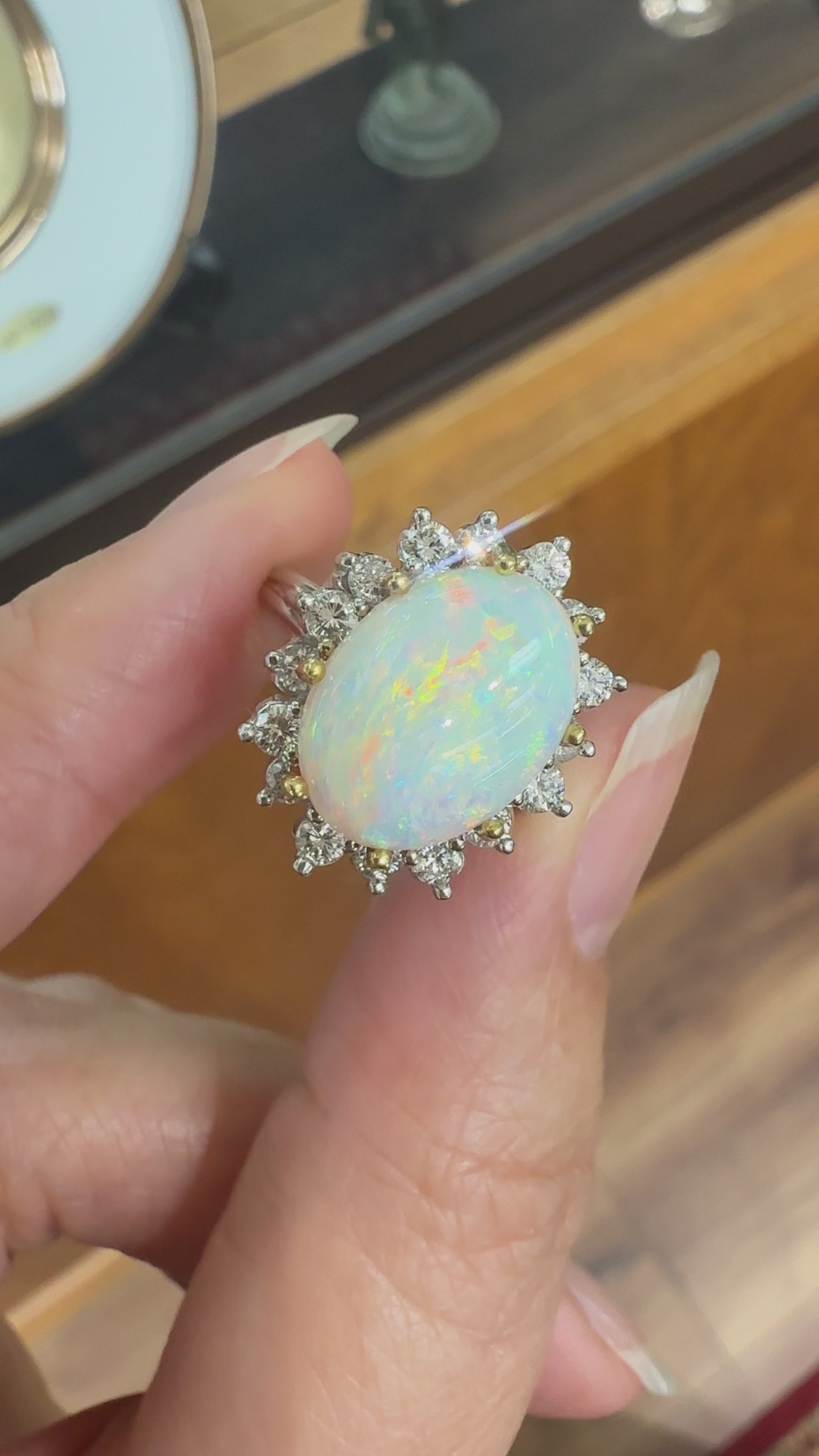 Vintage 1970's Opal and Diamond Halo Ring 14k Gold