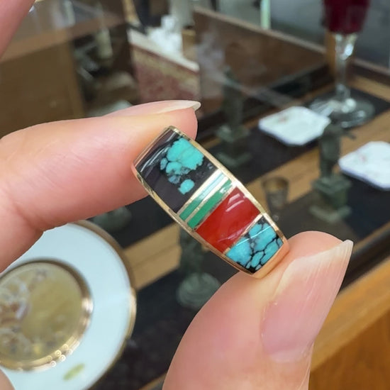 Native American Inlay Band Ring Turquoise Malachite Coral 14k Yellow Gold