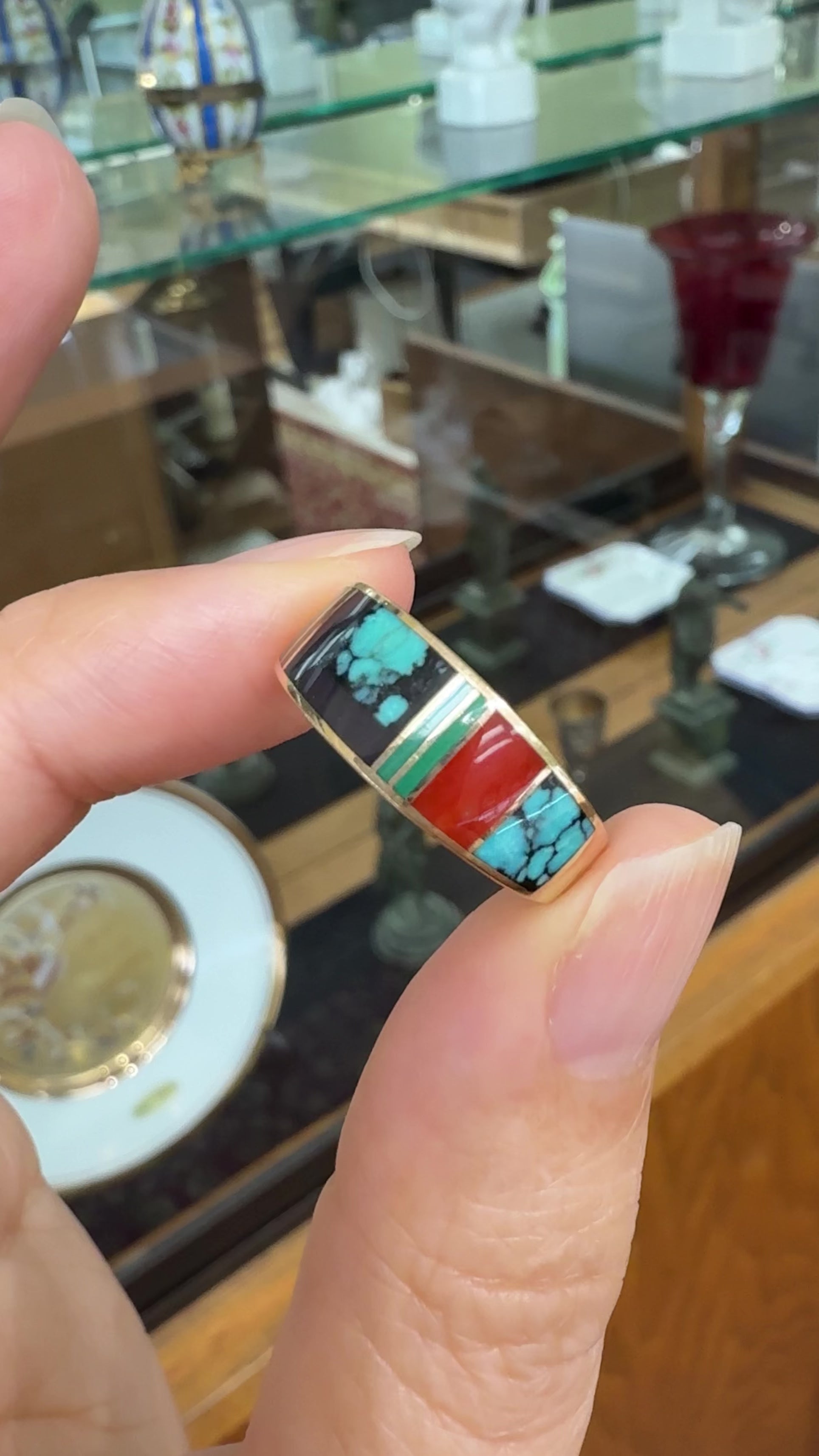 Native American Inlay Band Ring Turquoise Malachite Coral 14k Yellow Gold