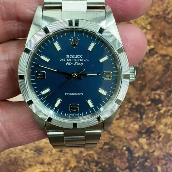 Rolex Air King Mens Stainless Steel Watch Oyster Band Blue Arabic Dial 14010S