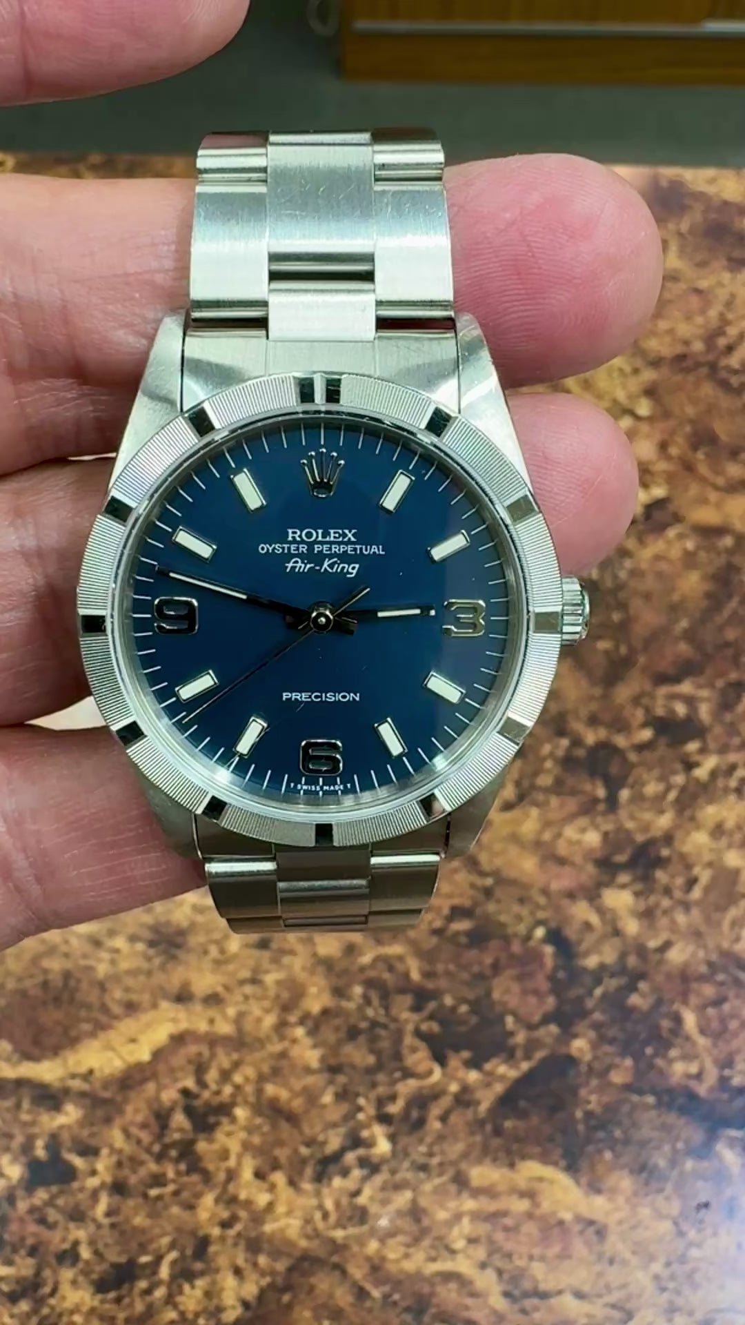 Rolex Air King Mens Stainless Steel Watch Oyster Band Blue Arabic Dial 14010S