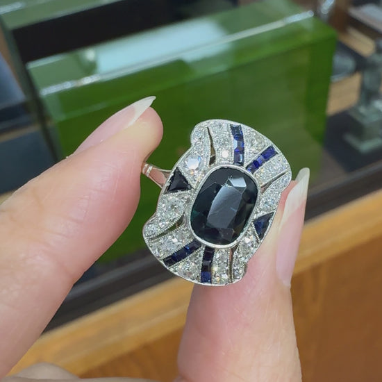 1930's Art Deco Sapphire and Old Cut Diamond Shield Ring Platinum