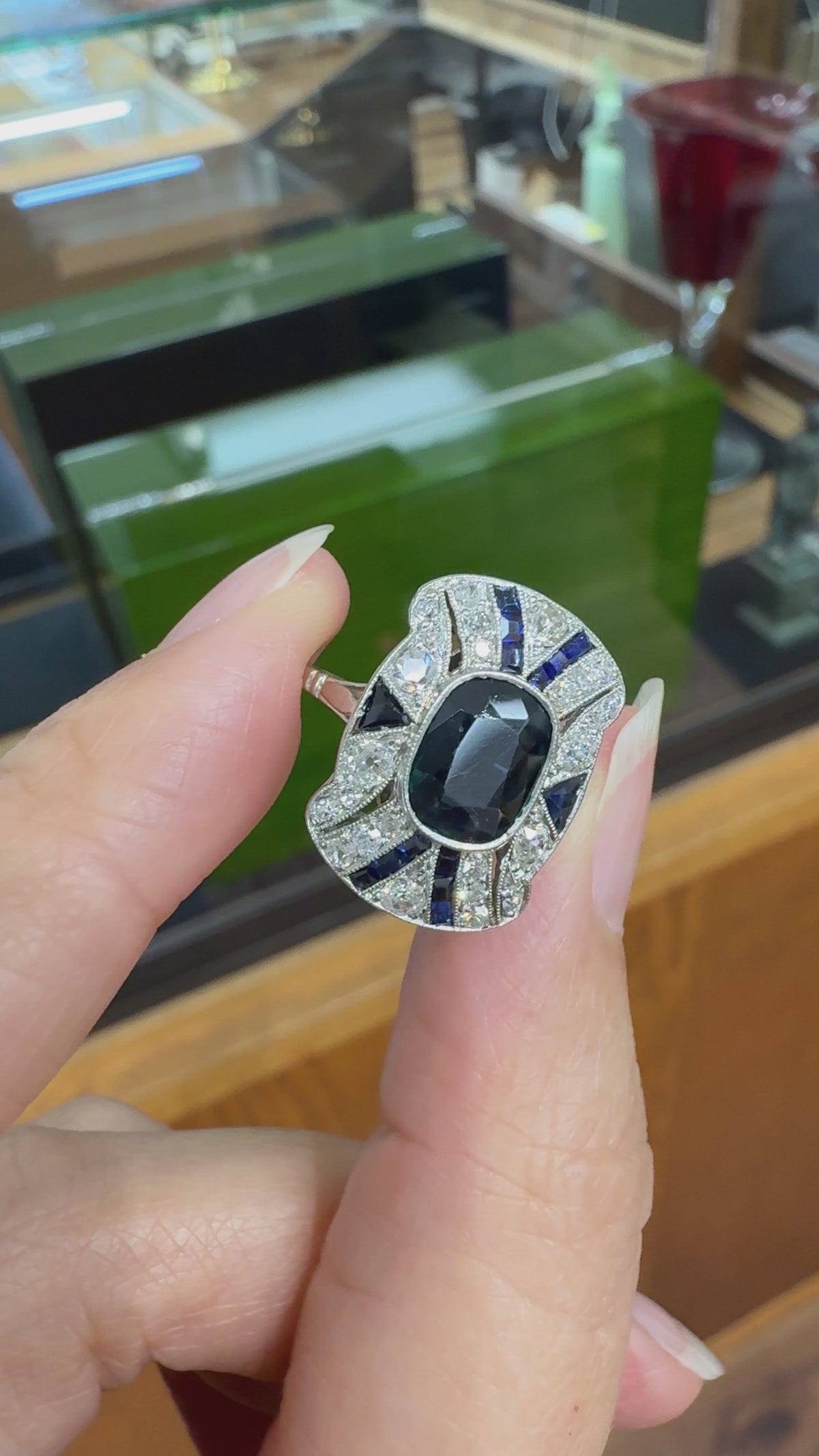 1930's Art Deco Sapphire and Old Cut Diamond Shield Ring Platinum