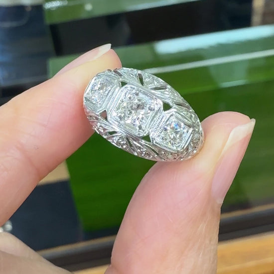 1930's Art Deco 3 Stone Diamond Dome Ring 14k White Gold