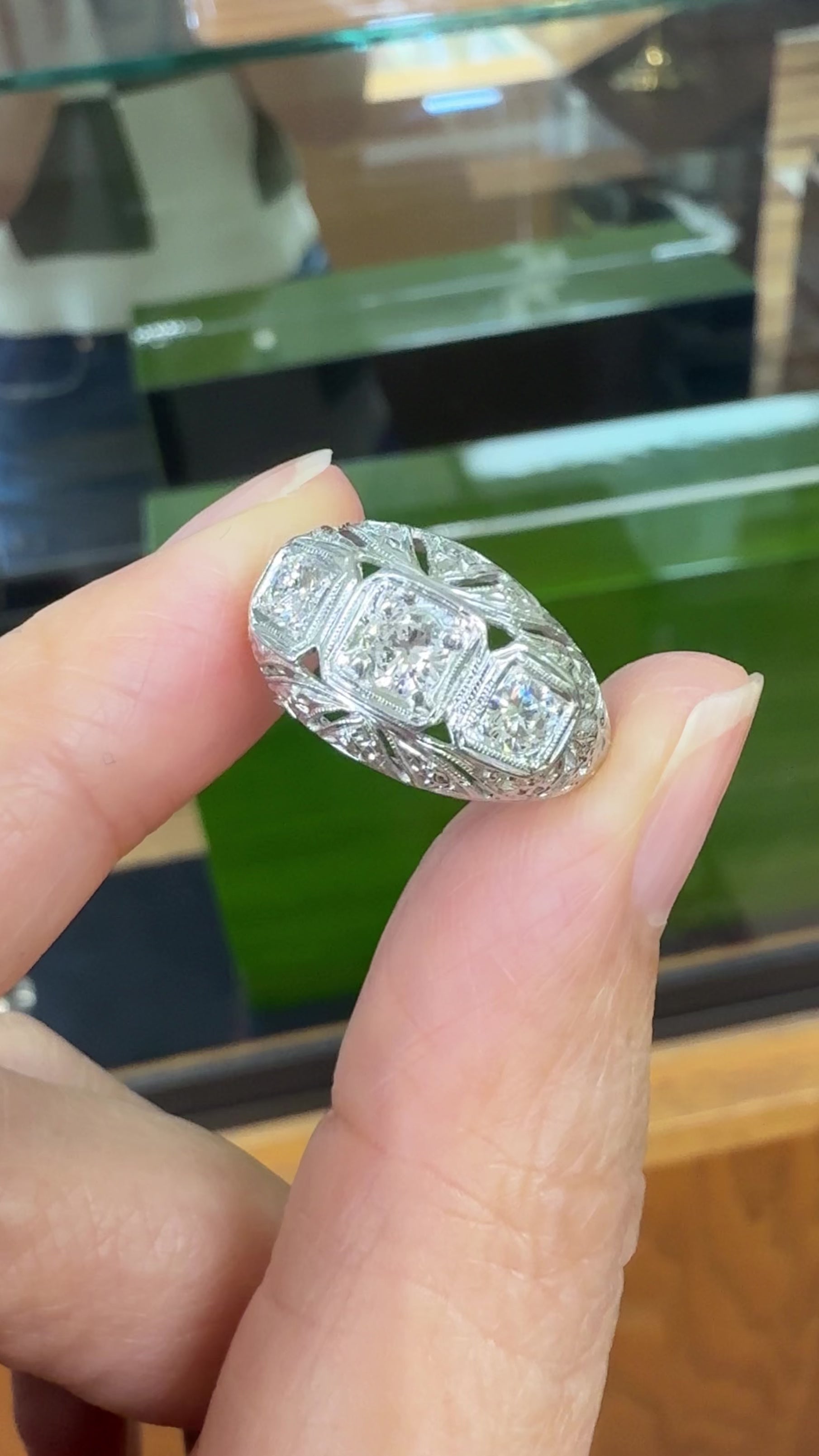 1930's Art Deco 3 Stone Diamond Dome Ring 14k White Gold