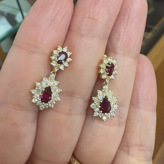 Vintage Ruby and Diamond Dangle Earrings 14k Yellow Gold