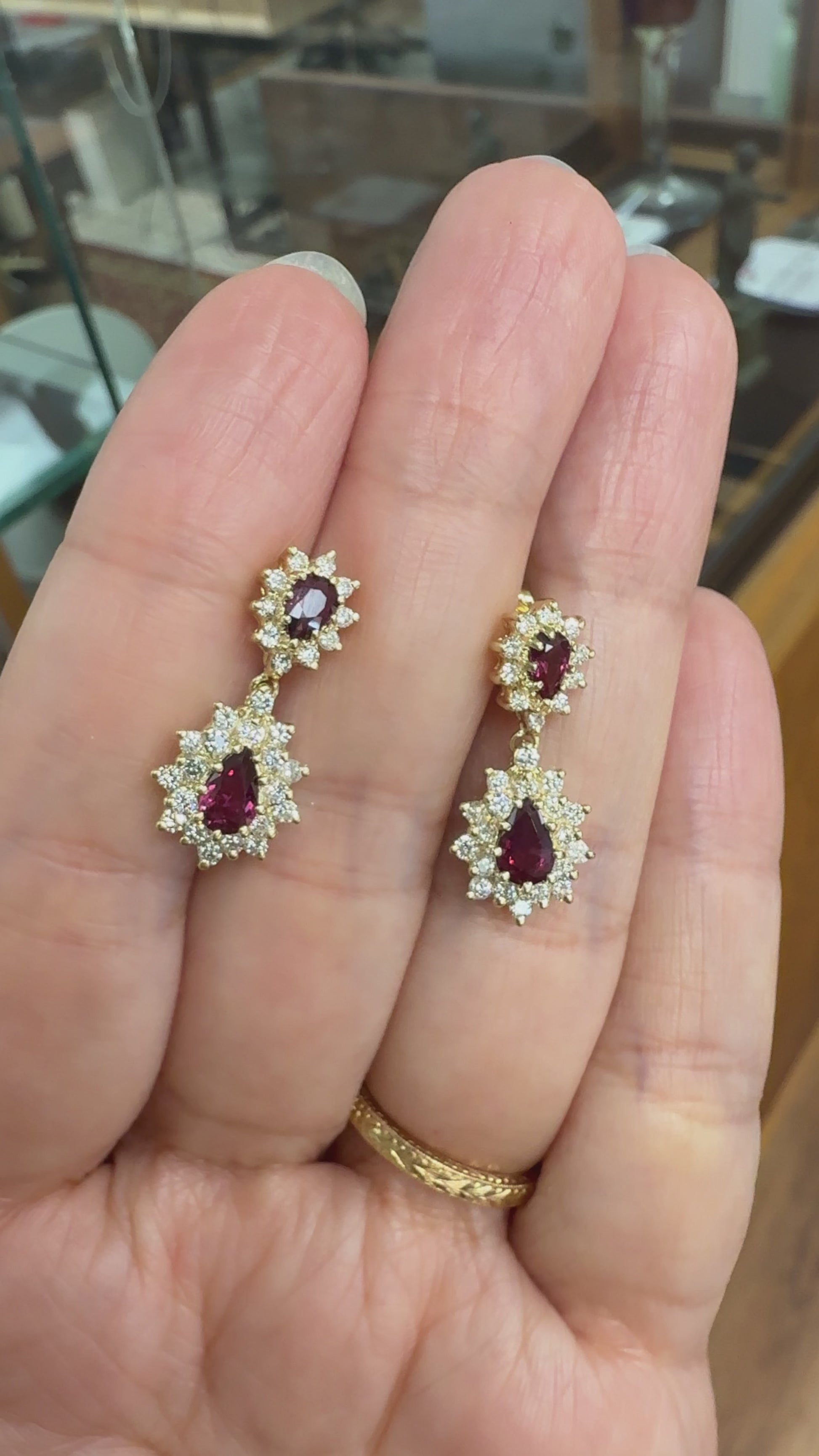 Vintage Ruby and Diamond Dangle Earrings 14k Yellow Gold