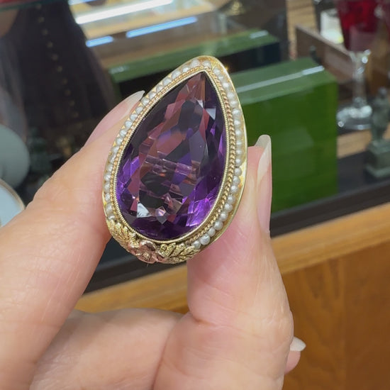 Antique 1925 Art Deco Amethyst and Seed Pearl Statement Ring 14k