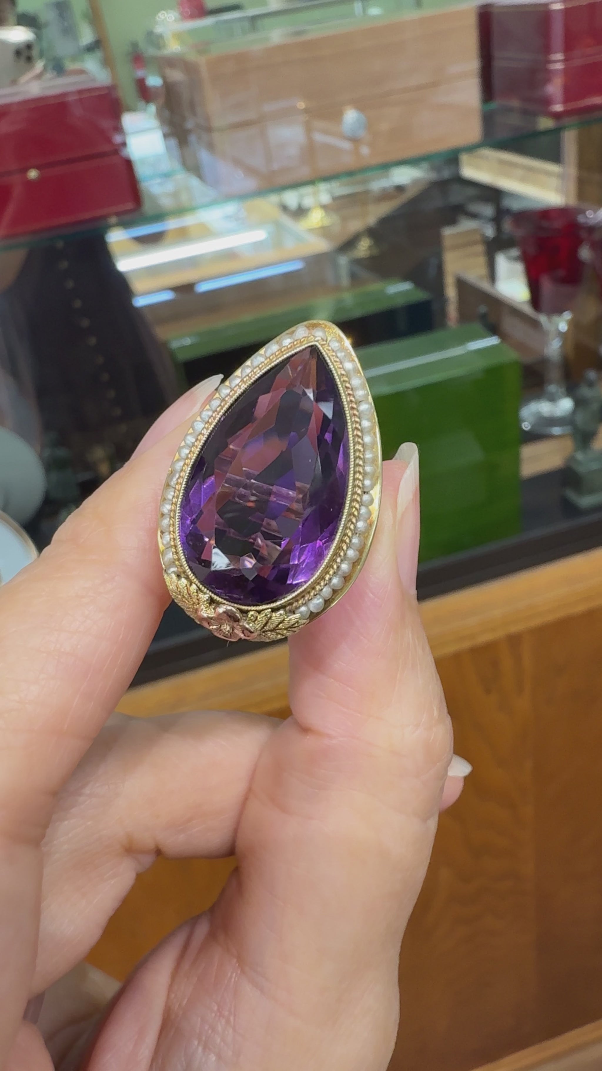 Antique 1925 Art Deco Amethyst and Seed Pearl Statement Ring 14k