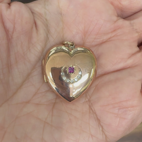 Antique 1908 Ruby and Diamond Sun & Crescent Moon Heart Locket Pendant 9k Gold